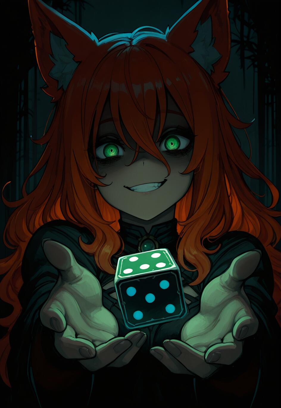 An anime-style fox girl with orange hair and glowing green eyes smiles menacingly as she offers a glowing die from the shadows.