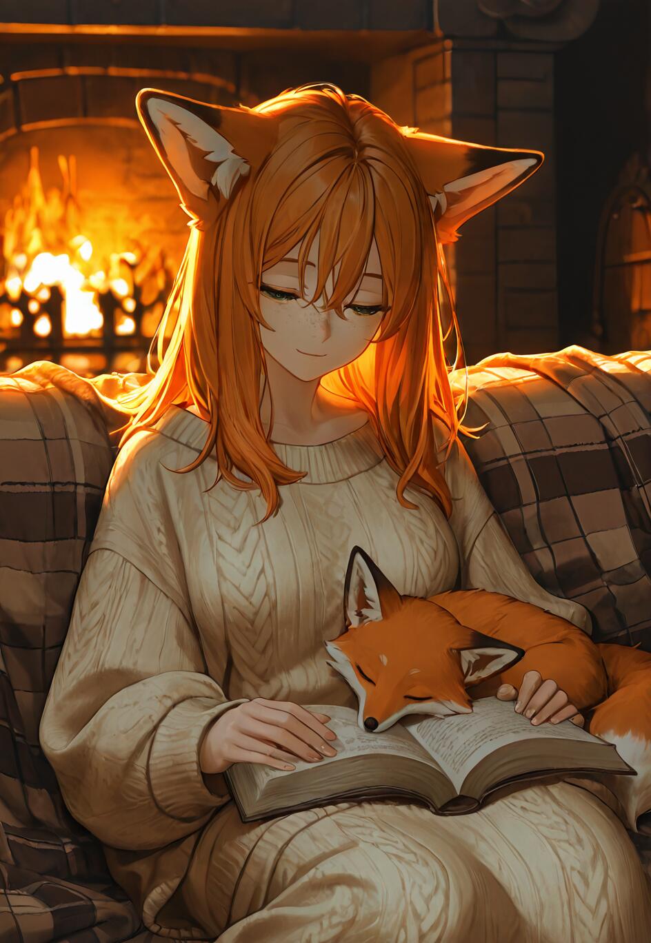 An anime-style fox girl with orange hair and a gentle smile sits by a fireplace, wearing a cozy cream sweater. A small fox is sleeping peacefully on an open book in her lap.