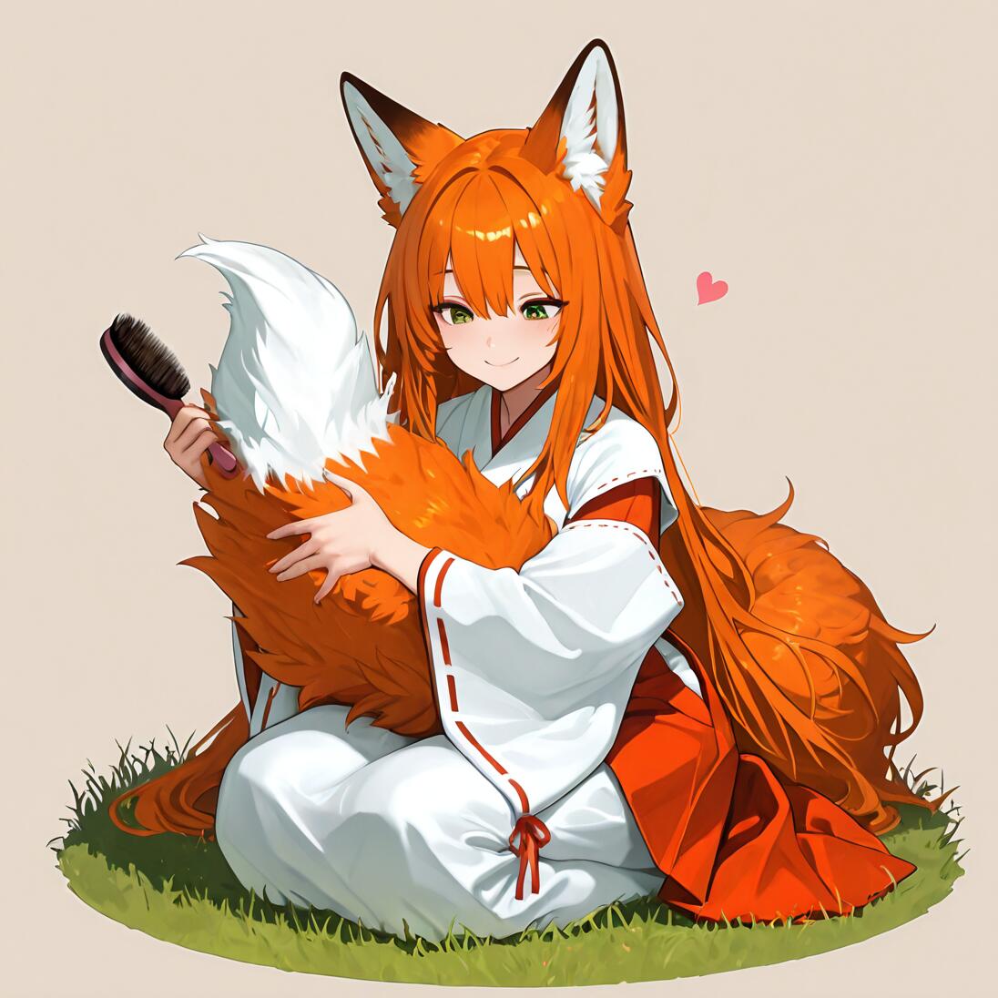 An anime-style fox girl with long orange hair and green eyes, wearing a miko outfit, sits on the grass while smiling and hugging her large, fluffy orange and white tail, holding a brush to groom it.