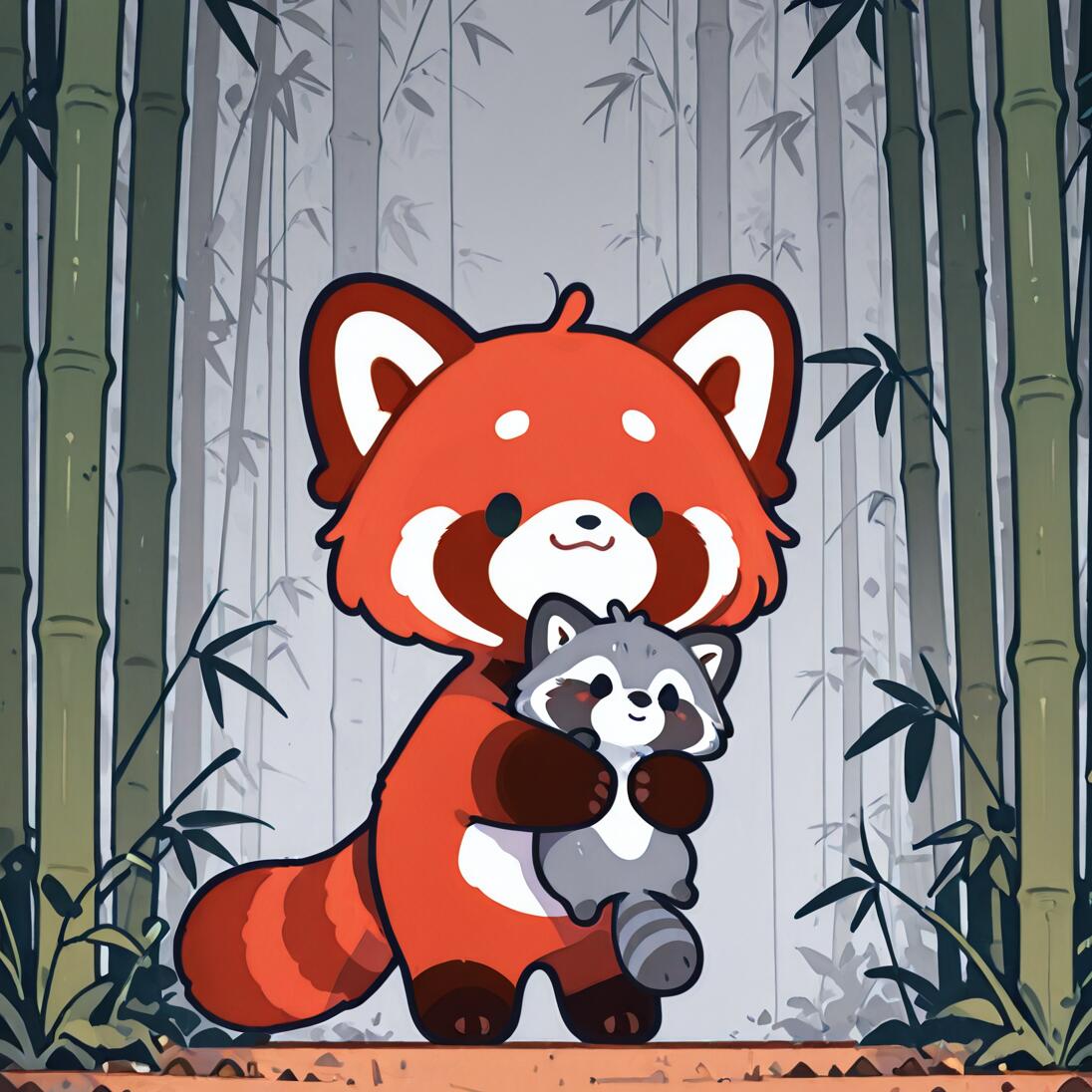 A cute, cartoon red panda stands in a bamboo forest while hugging a small, grey cartoon raccoon.