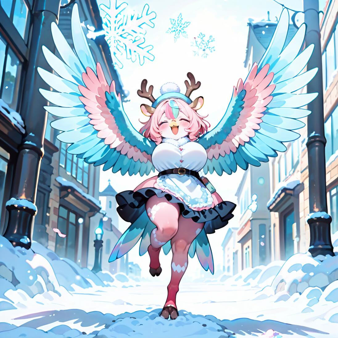 An anime-style illustration of a joyful female character with pink hair, reindeer antlers, and large blue and pink feathered wings, standing on one leg in a snowy city street.