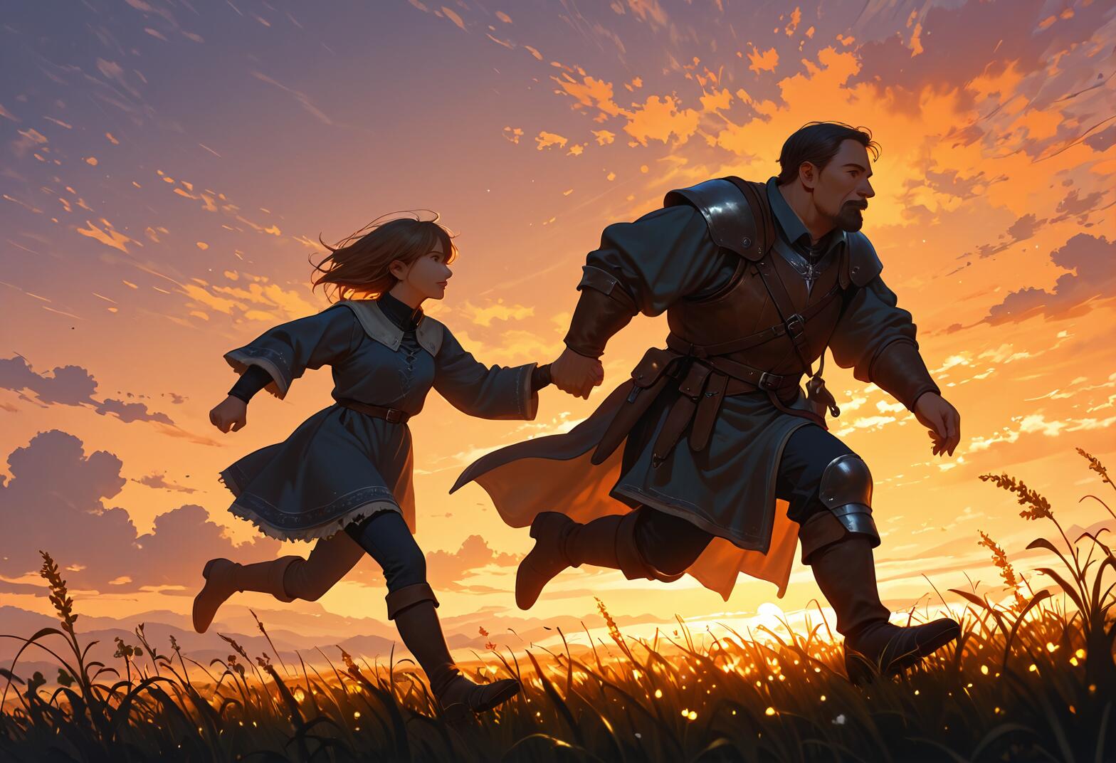 A fantasy illustration of a large male knight and a young girl running together hand-in-hand through a grassy field during a vibrant orange sunset. The man wears armor and the girl wears a blue dress.