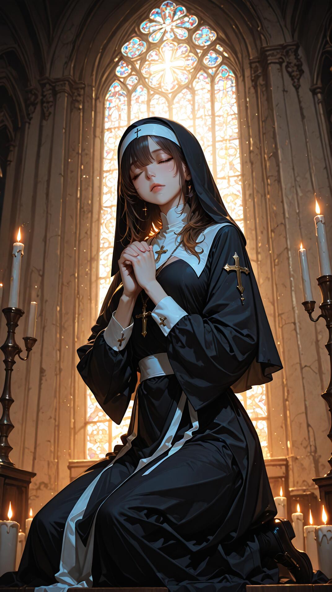 An anime-style illustration of a young nun with dark blonde hair kneeling in prayer inside a grand church, illuminated by light from a large stained-glass window and surrounding candles.