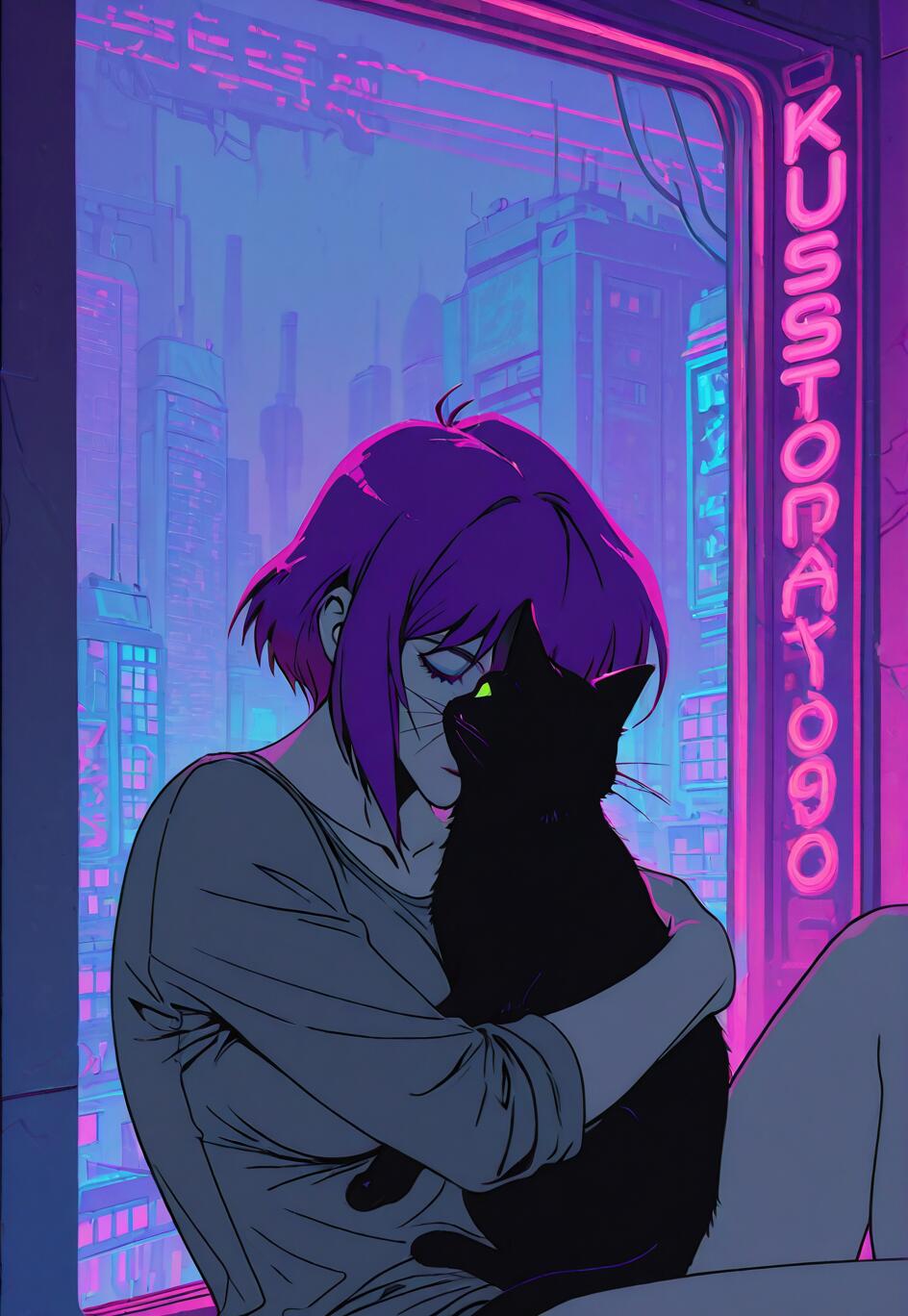 An anime-style illustration of Motoko Kusanagi from Ghost in the Shell with short purple hair, sitting by a window and tenderly hugging a black cat. Outside, a futuristic cityscape glows with vibrant purple and pink neon lights.