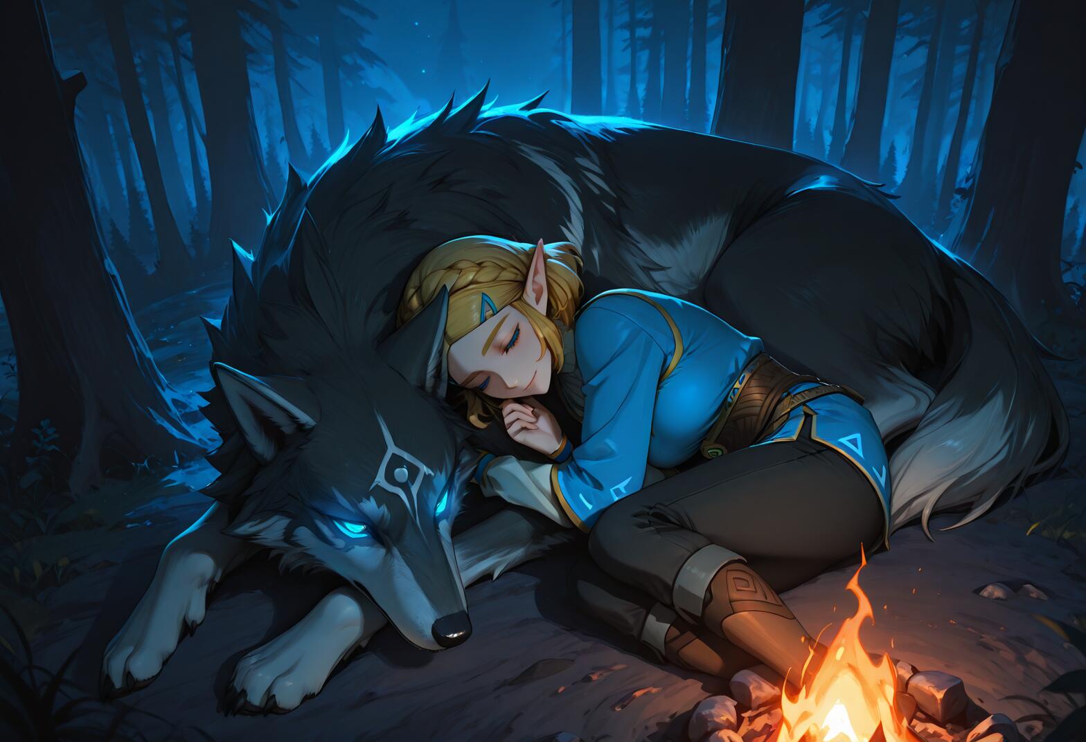 Princess Zelda, in her blue tunic, sleeping peacefully against the large, dark-furred Wolf Link next to a campfire in a forest at night. Wolf Link is awake with glowing blue eyes, watching over her.
