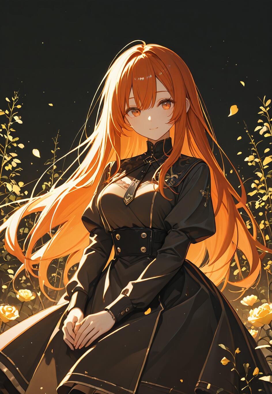 An anime-style illustration of Ritsuka Fujimaru (Gudako) from Fate/Grand Order, a young woman with long, glowing orange hair and amber eyes, wearing an elegant black dress in a dark garden filled with golden roses.