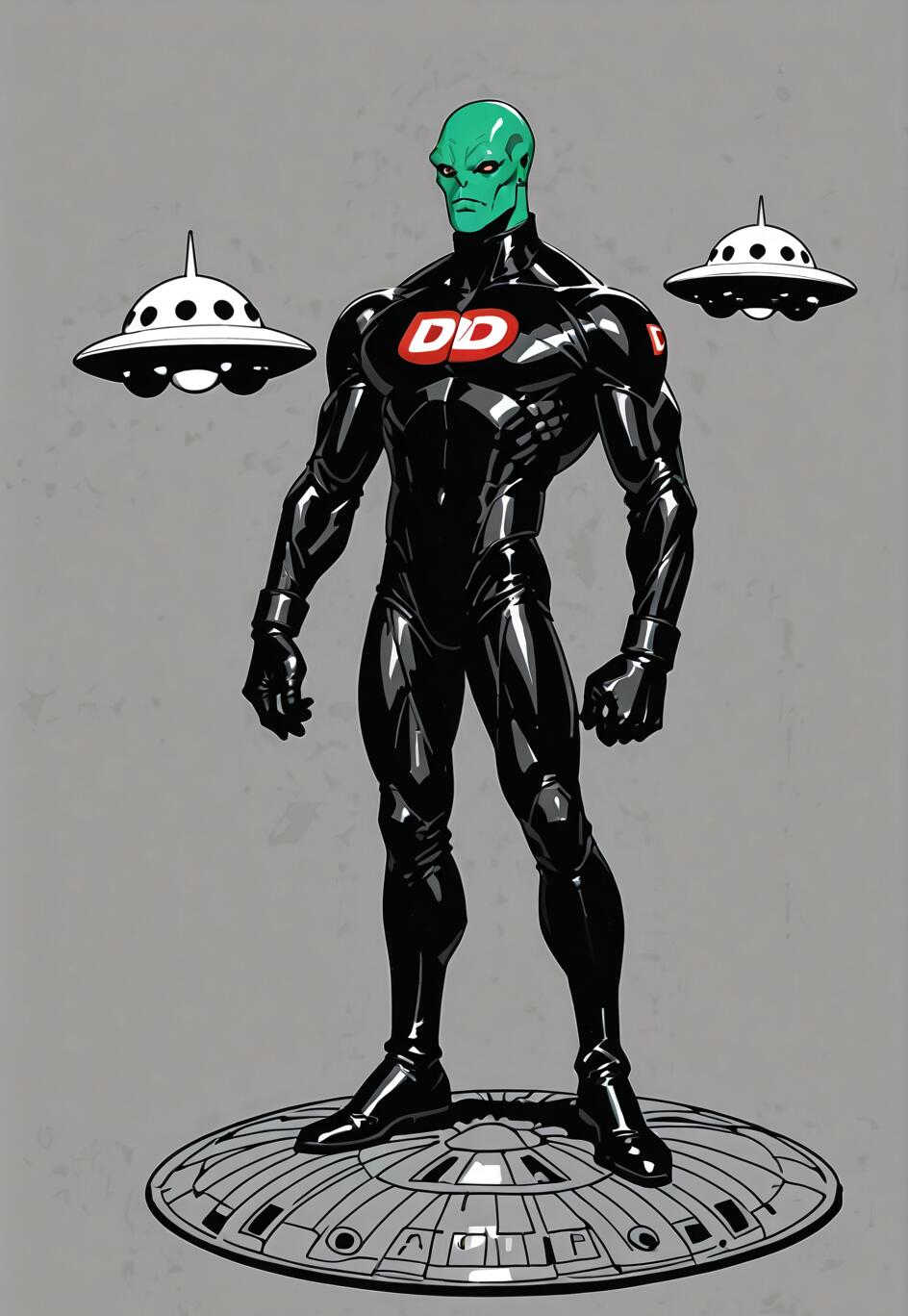 Full-body illustration of a muscular, green-skinned alien in a shiny black suit with a red 'DD' logo, standing on a UFO with two smaller UFOs in the background.