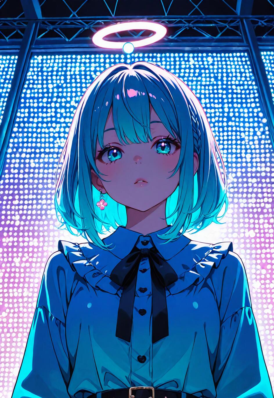 An anime girl with short blue hair, a white halo, and bright blue eyes stands in front of a massive screen of blue and purple LED lights. She wears a blue collared shirt with a black bow.