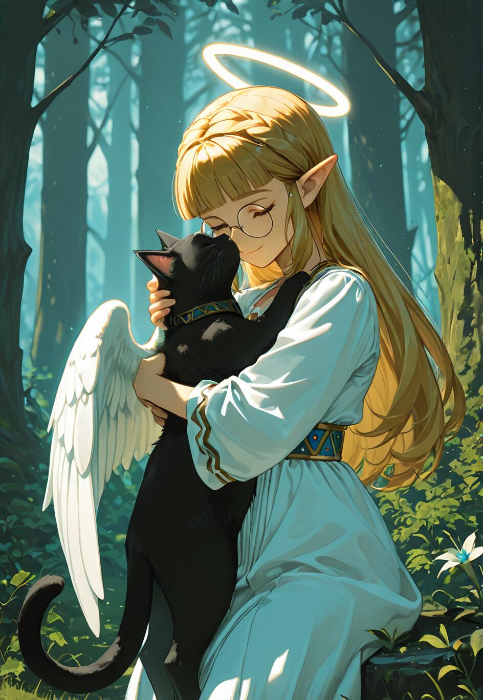 An anime-style illustration of Princess Zelda with long blonde hair, pointed ears, a halo, and an angel wing, sitting in a forest and lovingly hugging a black cat.