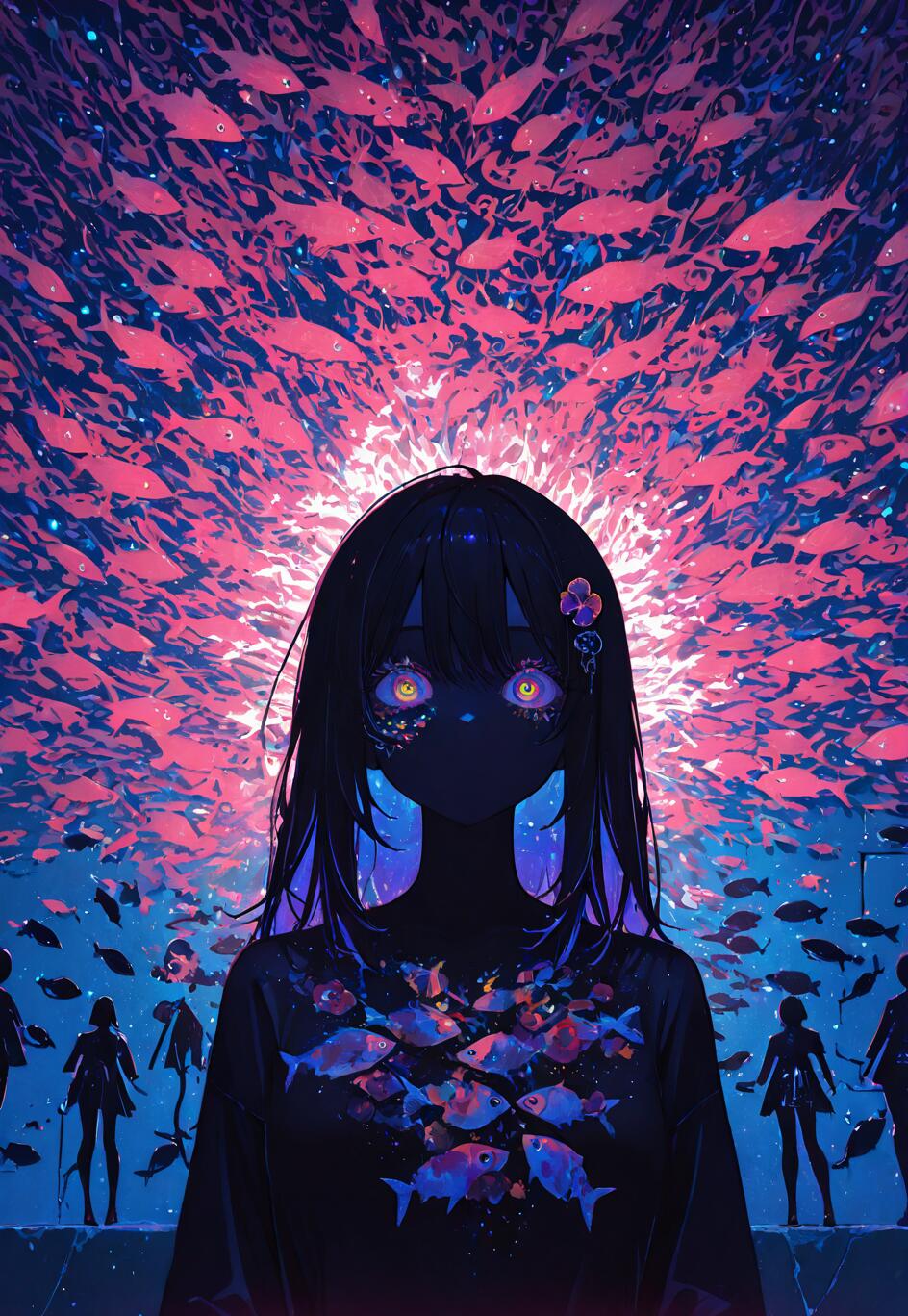 An anime-style girl with dark hair and glowing yellow eyes stands in a dark room. Above her, a massive school of pink fish glows against a blue background. Smaller fish are on her shirt.