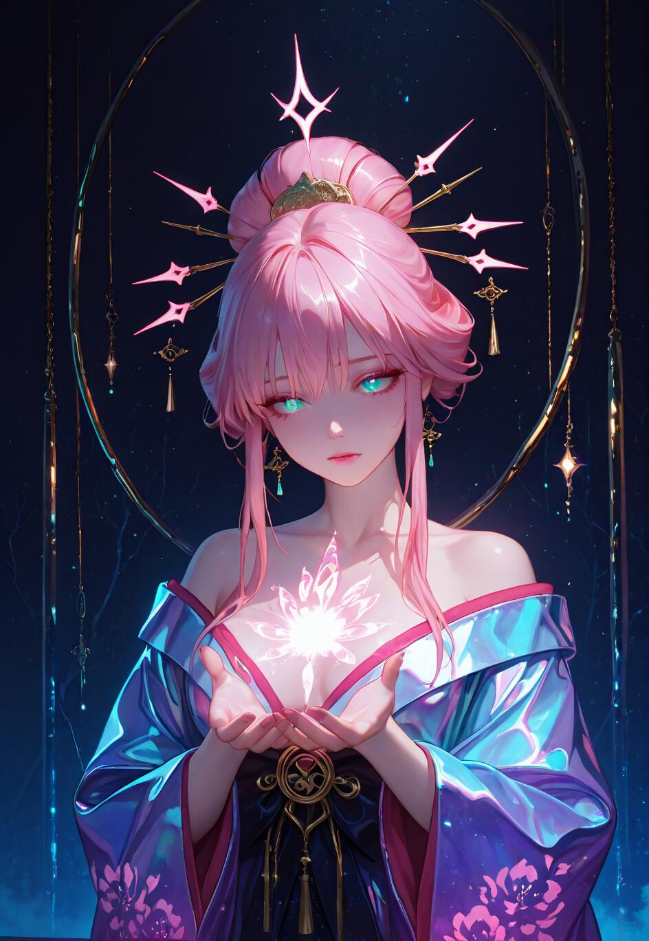 A beautiful anime-style woman with pink hair in an elaborate updo, wearing a blue and purple kimono, holds a glowing white crystalline flower in her hands against a dark, celestial background with a golden ring.