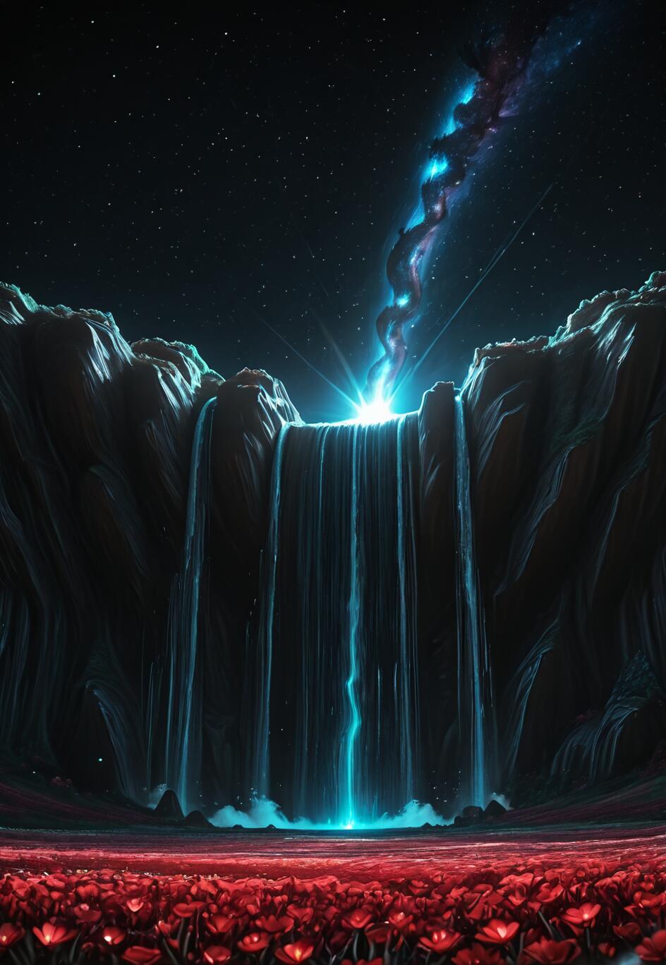 A surreal fantasy scene depicting a glowing blue waterfall flowing from a swirling galaxy in a starry night sky. The waterfall is framed by dark cliffs and empties near a vast field of bright red flowers.