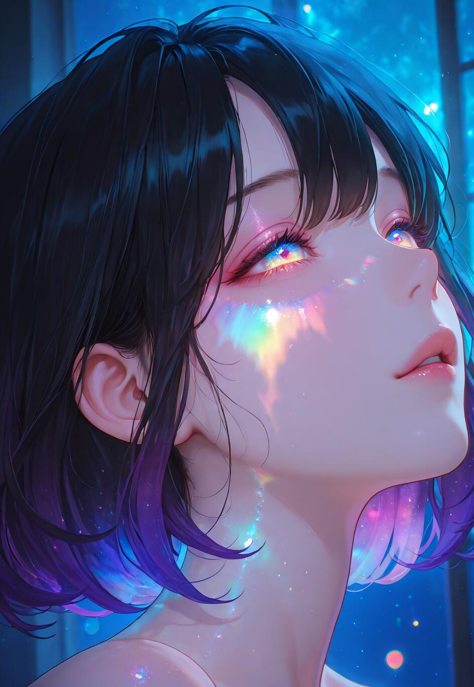 A close-up artistic portrait of an anime-style woman with short black hair and purple tips, looking up. A vibrant rainbow-colored light is reflected in her eyes and cast across her cheek against a starry blue background.
