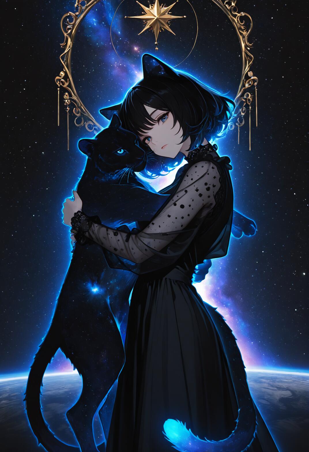 An anime-style cat girl with short black hair and a long black dress with sheer sleeves, hugging a large black panther. They are both glowing with a blue aura in front of a starry space background with a planet below and a golden celestial symbol above.