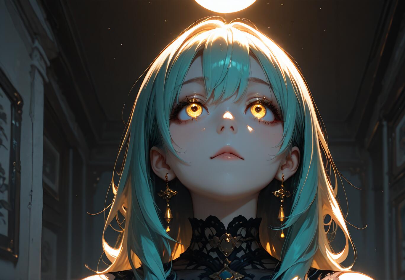 A close-up portrait of an anime-style girl with teal hair and glowing golden eyes, looking up towards a bright light in a dark room. She wears a black lace choker and ornate cross earrings.