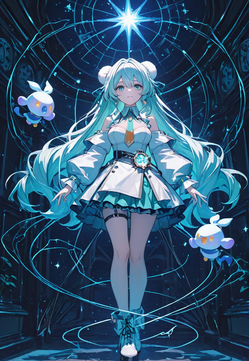 An anime girl with long light blue hair and twin buns stands in front of a giant glowing star and cosmic patterns. She wears a white and teal futuristic outfit and is flanked by two small, cute floating companions.