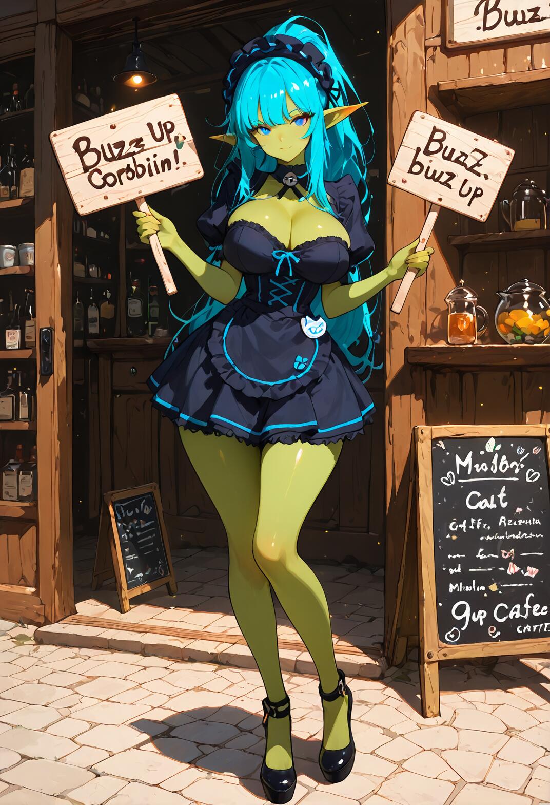 A full-body illustration of a fantasy goblin girl with long blue hair and green skin, dressed as a waitress in a black and blue uniform. She is standing outside a cafe holding two wooden signs.