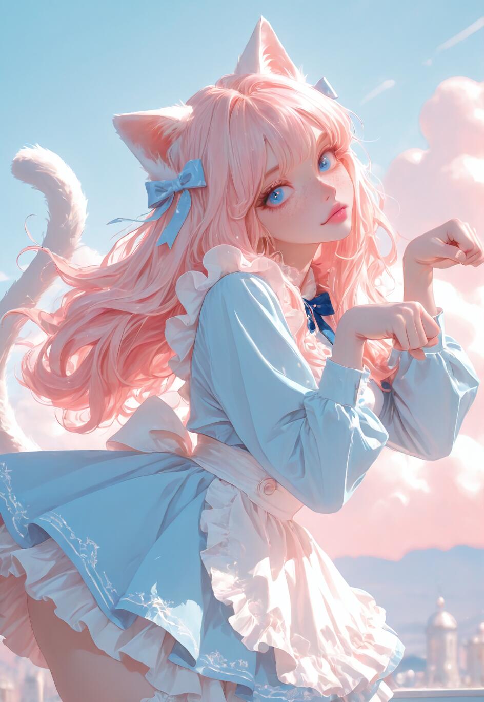 An anime girl with long pink hair, blue eyes, and white cat ears and tail, wearing a light blue dress and white apron, making a cute cat-paw gesture against a pastel blue and pink sky.