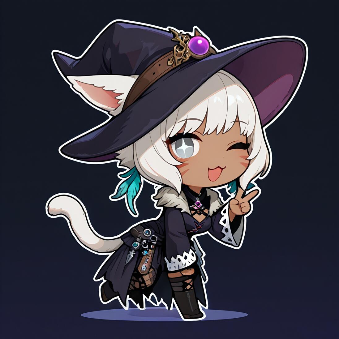 A cute chibi drawing of Y'shtola Rhul from Final Fantasy XIV, a dark-skinned cat girl with white hair, dressed as a witch. She is winking and making a peace sign.
