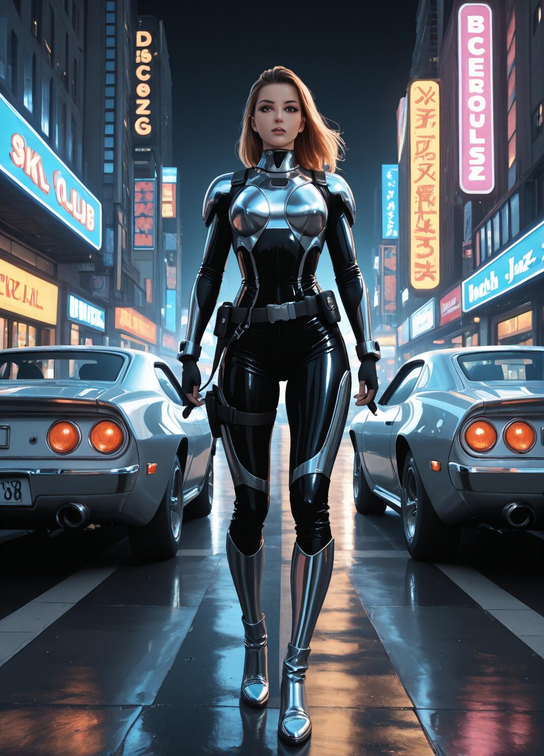 Full-length illustration of a woman in a futuristic black and chrome combat suit walking down a wet city street at night, flanked by two silver vintage cars and surrounded by glowing neon signs.