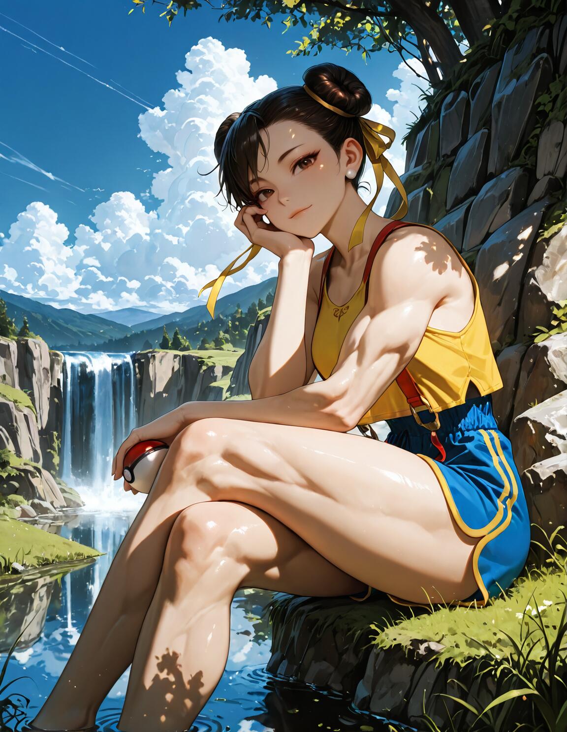 Chun-Li from Street Fighter sits by a lake in a sunny, natural setting with a waterfall. She's dressed as a Pokémon trainer in a yellow top and blue shorts, holding a Poké Ball and smiling at the viewer.