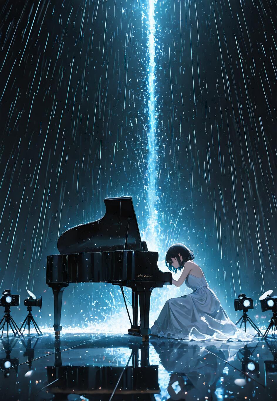 An anime-style illustration of a young woman in an elegant dress playing a grand piano on a wet, reflective stage. It is raining heavily, and a single, powerful blue spotlight shines down on her from above.