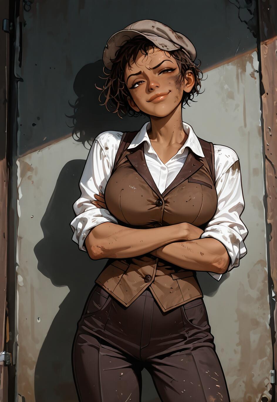 An illustration of a young, dark-skinned woman with short curly hair wearing a flat cap, white shirt, and brown waistcoat. She is leaning against a wall with her arms crossed and a confident smirk on her dirty face.