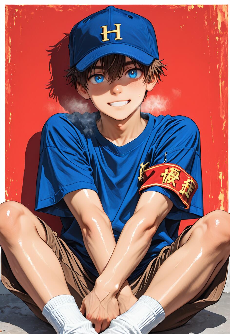 A young anime-style man with brown hair and bright blue eyes, wearing a blue shirt and a baseball cap with an 'H', smiles confidently while sitting with his arms and legs crossed against a red wall.