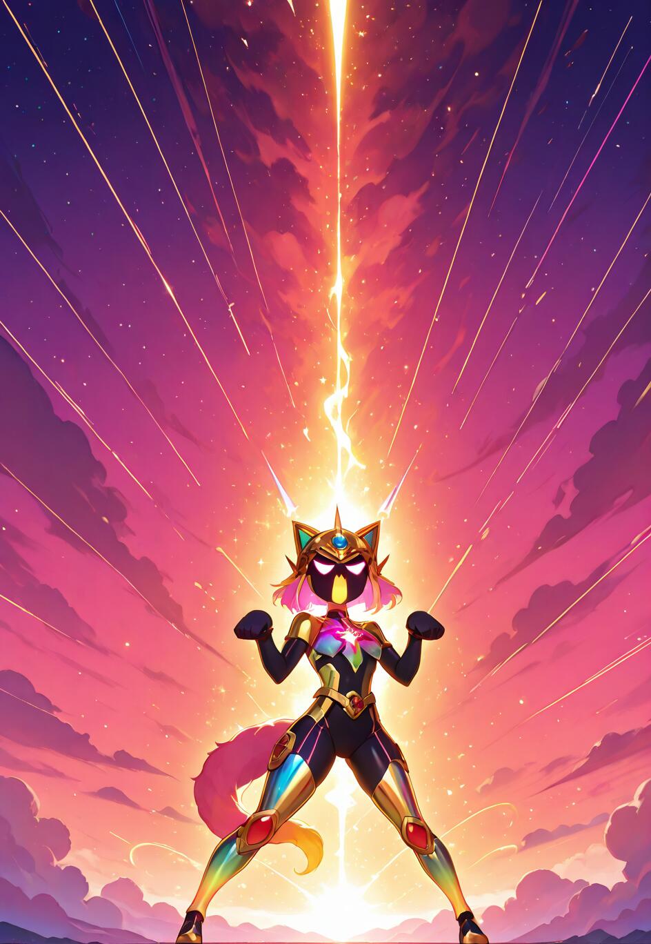 An anime-style anthropomorphic cat superhero in colorful, futuristic armor stands in a power pose as a massive bolt of golden lightning strikes down from a vibrant purple and pink cosmic sky.