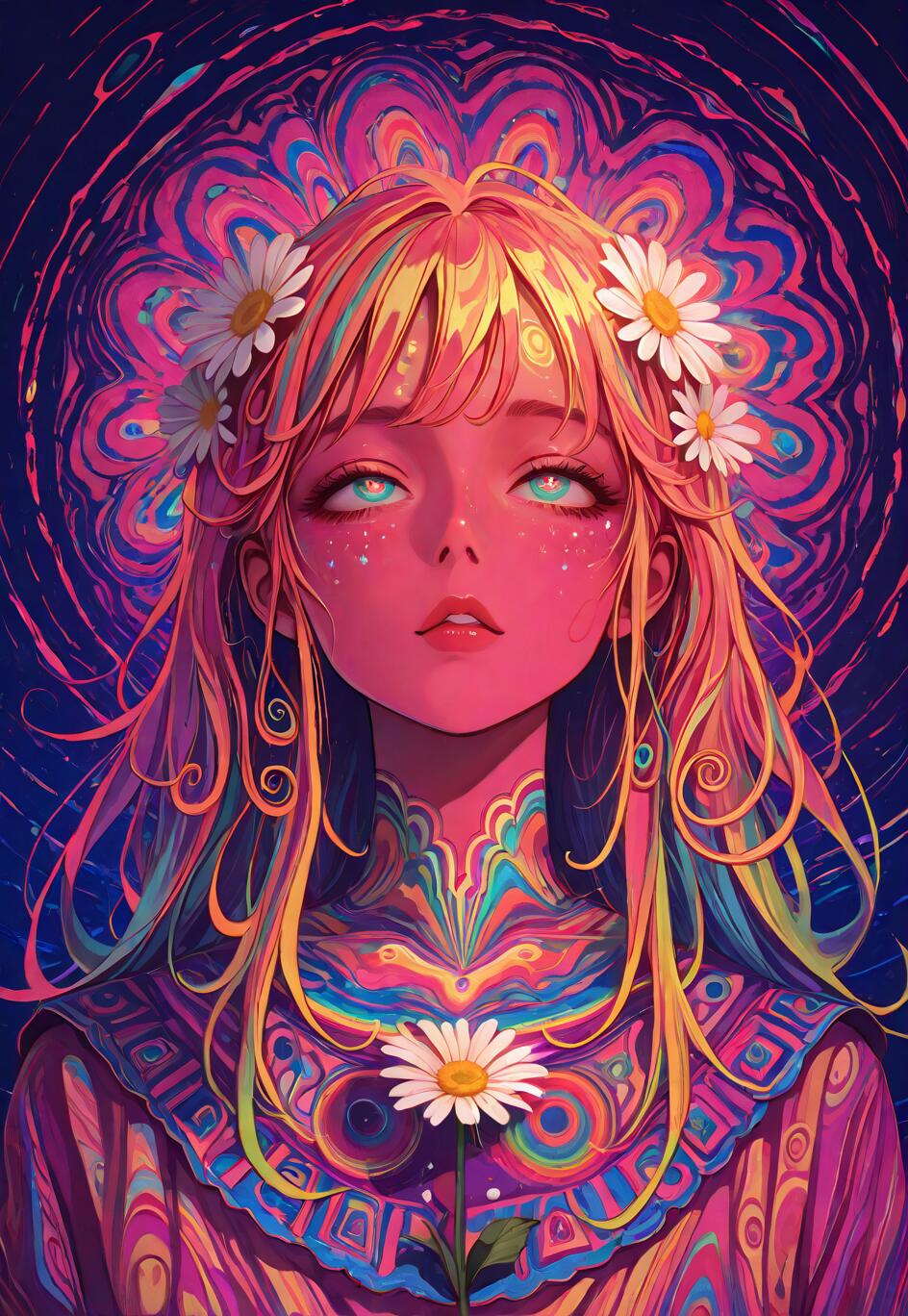 A stylized portrait of a young woman with long, colorful hair decorated with white daisies. She has bright blue eyes and looks upward against a swirling, psychedelic background of pink, purple, and blue patterns. She is holding a single white daisy.