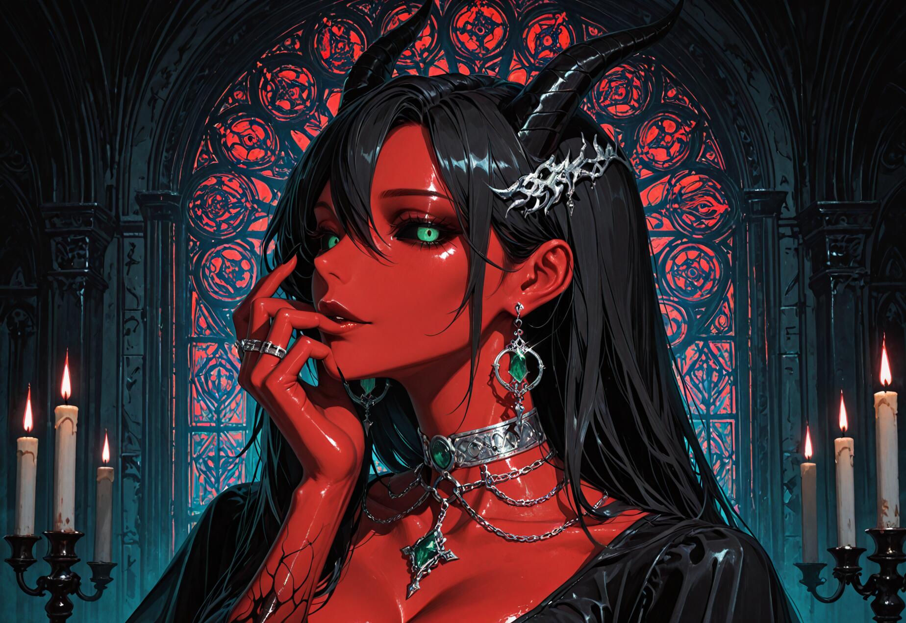 An illustration of a beautiful devil woman with vibrant red skin, long black hair, and glowing green eyes, set against the backdrop of a dark Gothic cathedral with red stained-glass windows and lit candles.