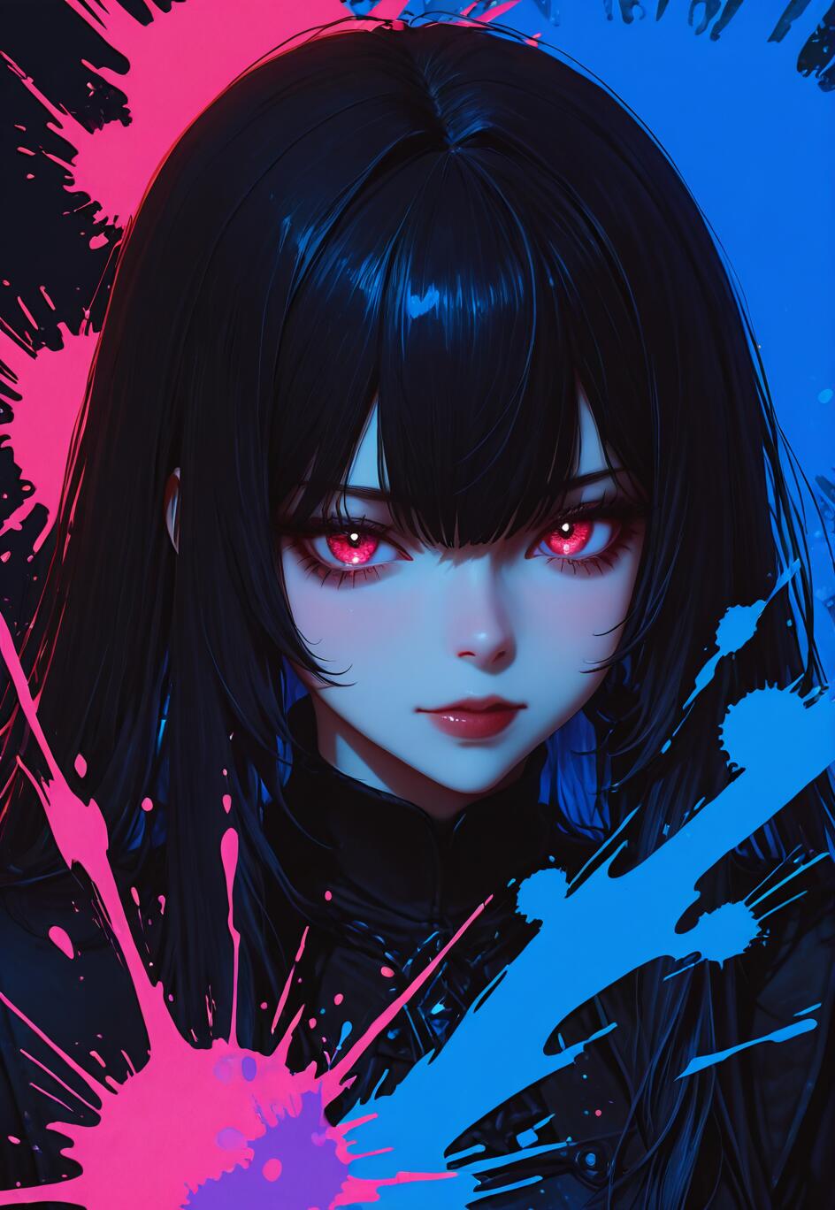 Digital art portrait of a woman with long black hair and glowing red eyes, against a background of neon pink and blue paint splatters.