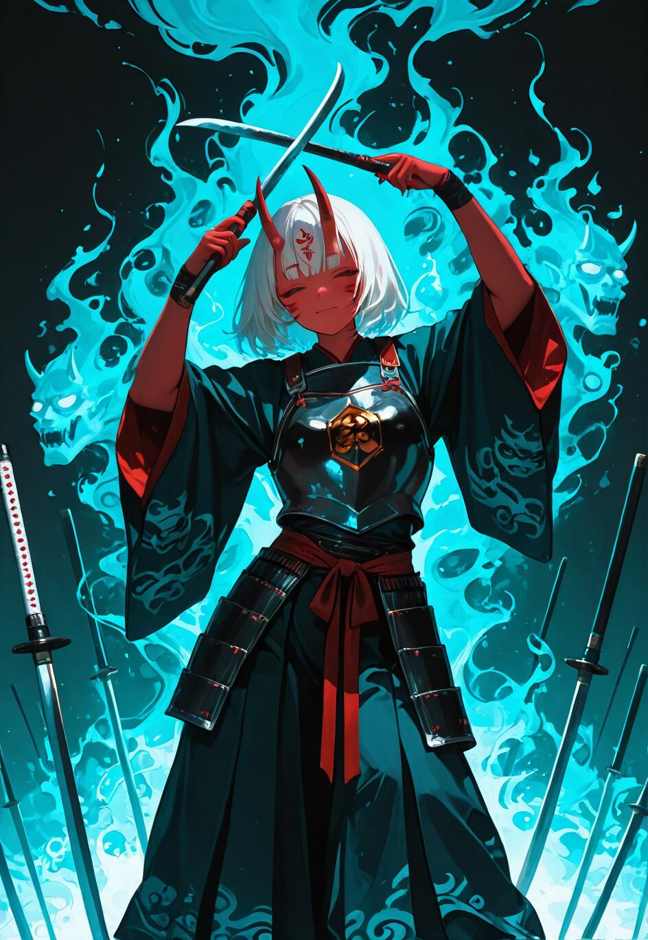 A red-skinned oni girl with white hair and horns, wearing samurai armor over a dark kimono, holds two short swords crossed above her head amidst swirling blue spirit flames and ghostly faces.