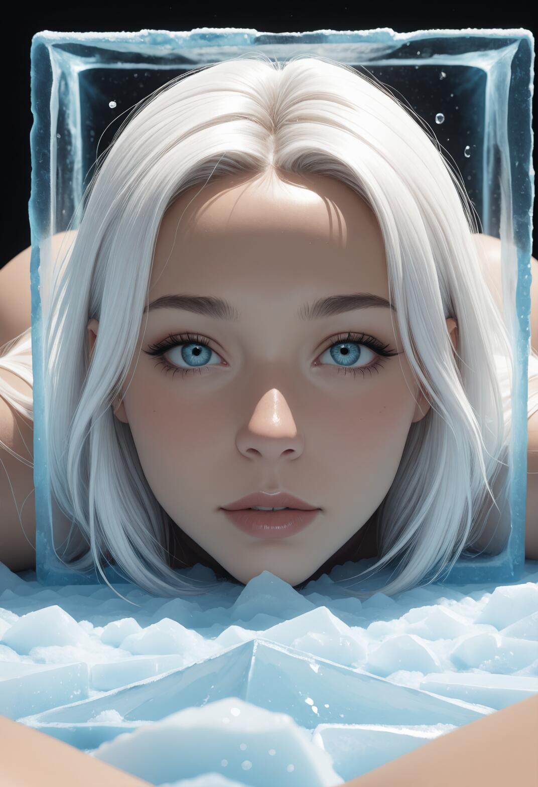 A close-up portrait of a beautiful young woman with white hair and blue eyes, looking through a square frame of ice, with her chin resting on a bed of crushed ice.