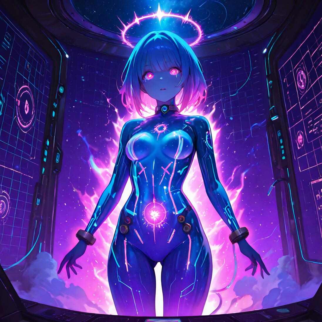 A full-body view of a futuristic anime-style female character with short blue hair, a glowing halo, and a cybernetic body covered in luminous blue and pink circuits, standing in a spaceship cockpit with a view of a purple galaxy.