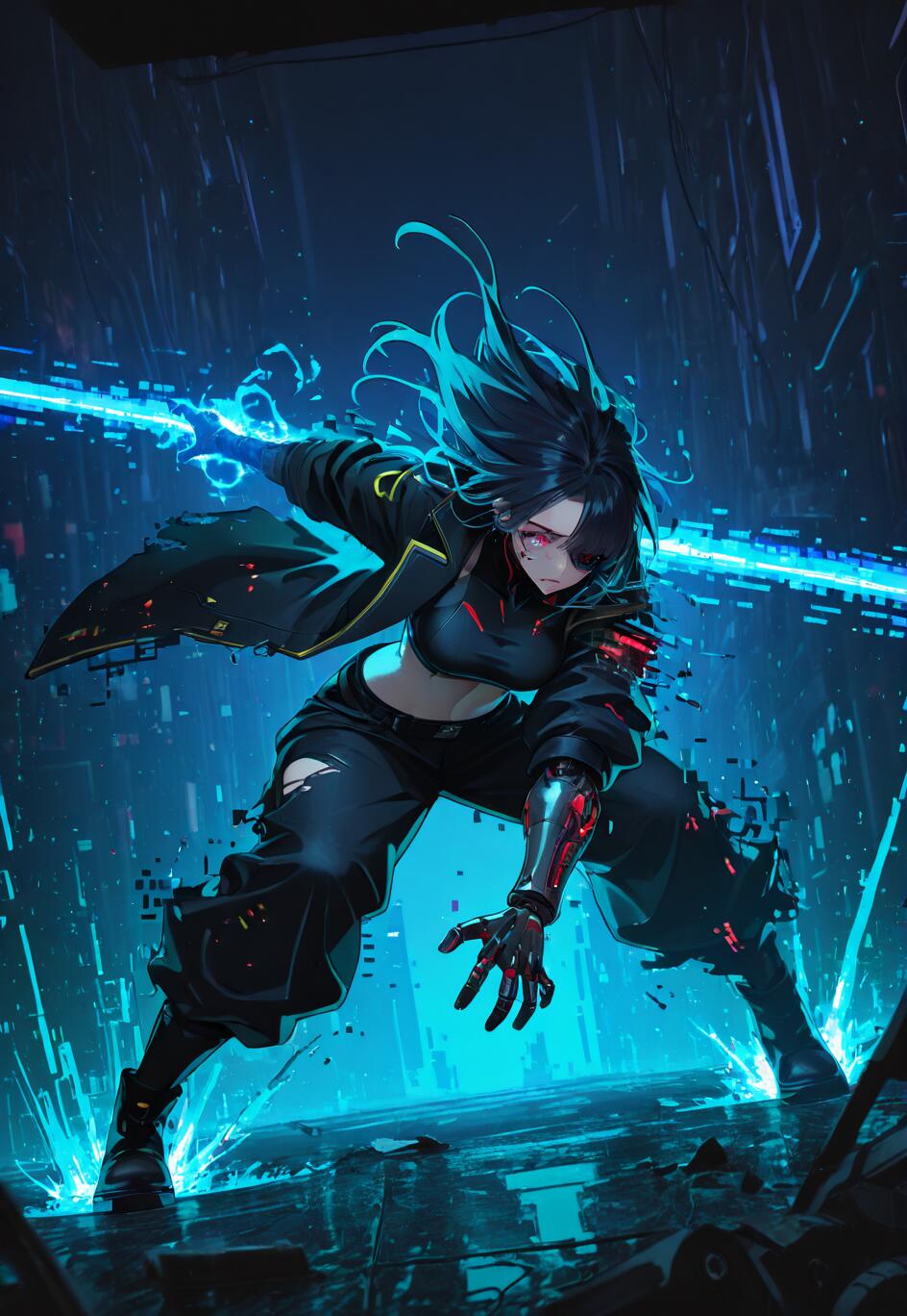 An anime-style female warrior with a cybernetic arm and red eye in a dynamic pose. She wields a blue energy blade in a futuristic, neon-blue city filled with digital glitch effects.