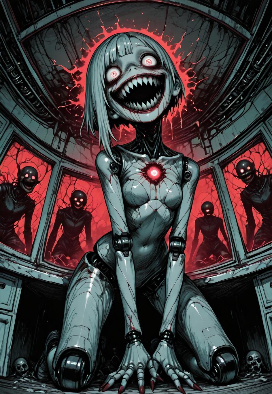 A pale female robot with a wide, toothy grin and manic eyes kneels on the floor of a dark sci-fi room. Behind her, shadowy figures with glowing eyes are visible through red-lit windows.