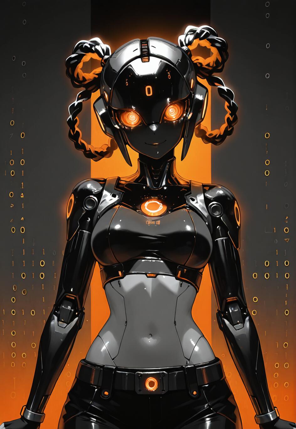 A digital illustration of a female android with a black and grey body, glowing orange eyes, and hair made of glowing orange braided cables styled into twin buns. The background is dark with falling binary code.