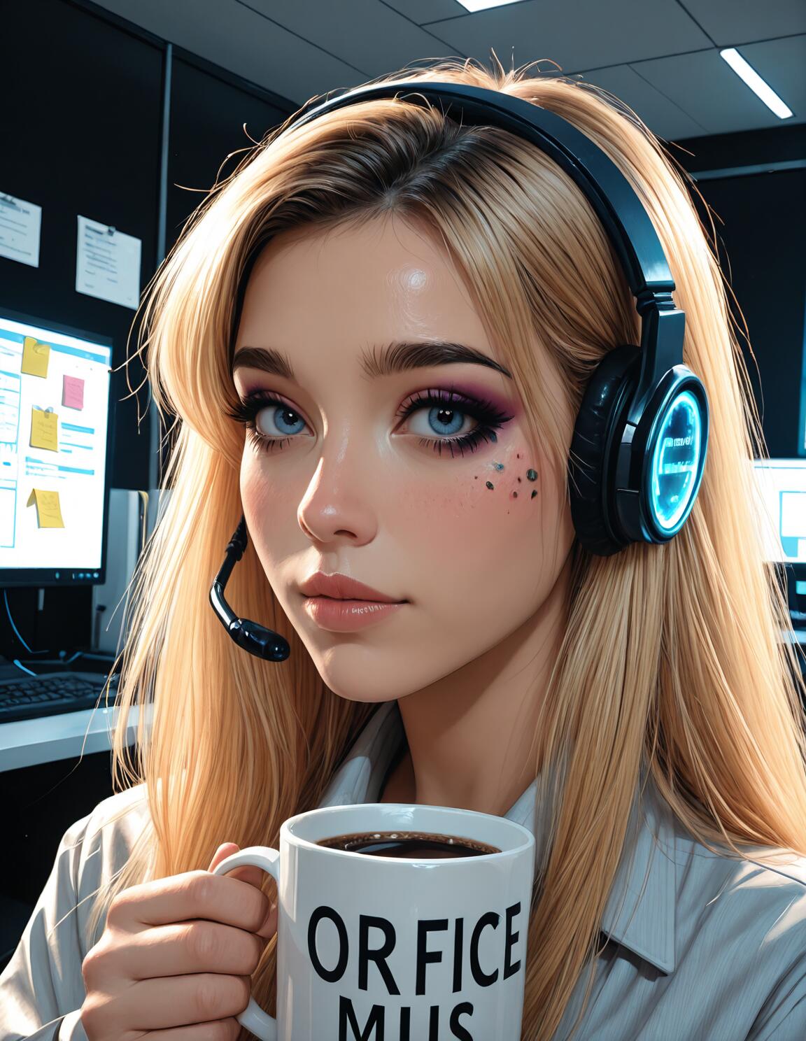 A digital painting of a young blonde woman with blue eyes wearing a glowing headset and holding a coffee mug in an office cubicle.
