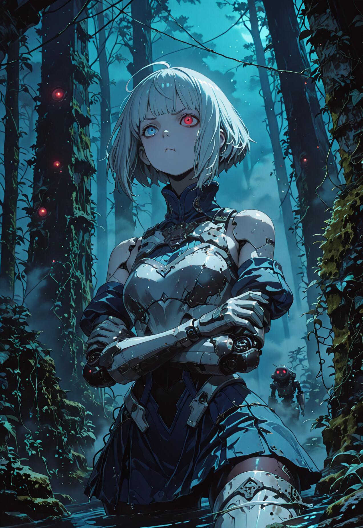 A female cyborg with short silver hair, one red eye and one blue eye, stands with her arms crossed in a dark, blue-lit swampy forest at night. She wears white and blue armor, and a small robot is visible in the background.