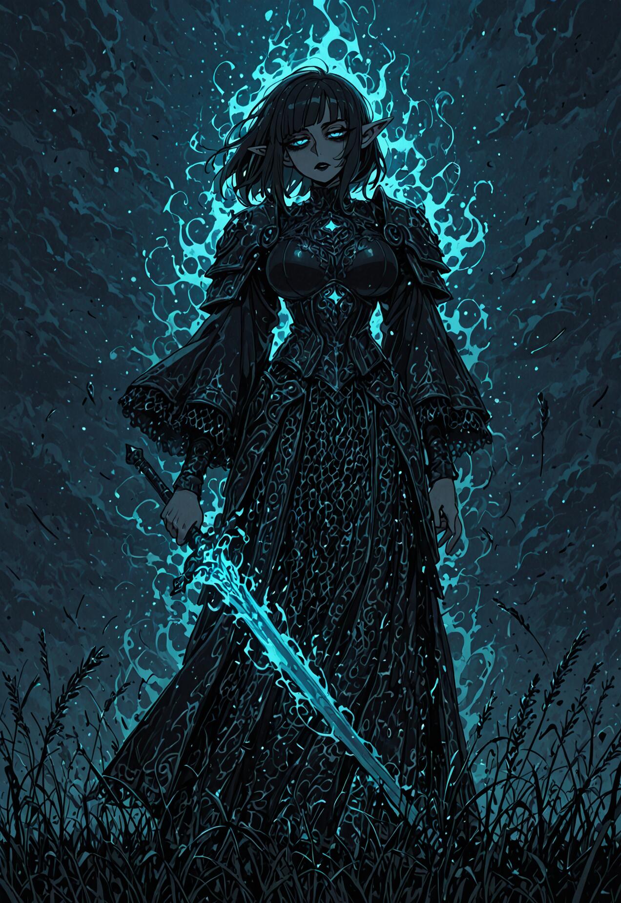 A full-length illustration of a female dark elf with black hair and glowing blue eyes, standing in a field at night. She wears ornate black armor and a long dress, holding a large sword that glows with a bright blue magical aura.