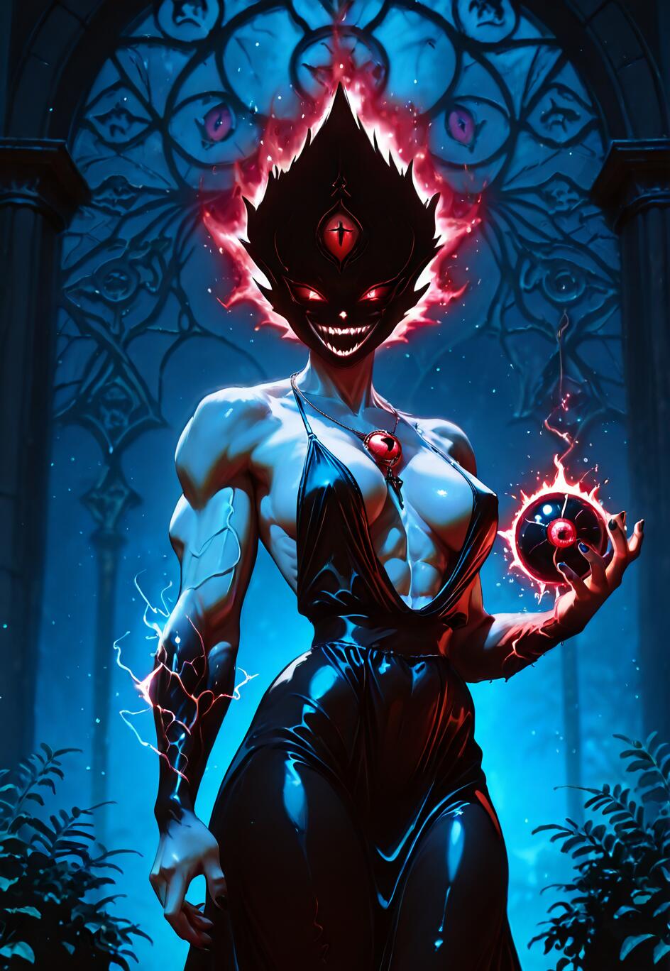 A demoness with a glowing energy ball, gothic setting, intricate stained glass, powerful demon, energy ball, gothic art, fantasy art