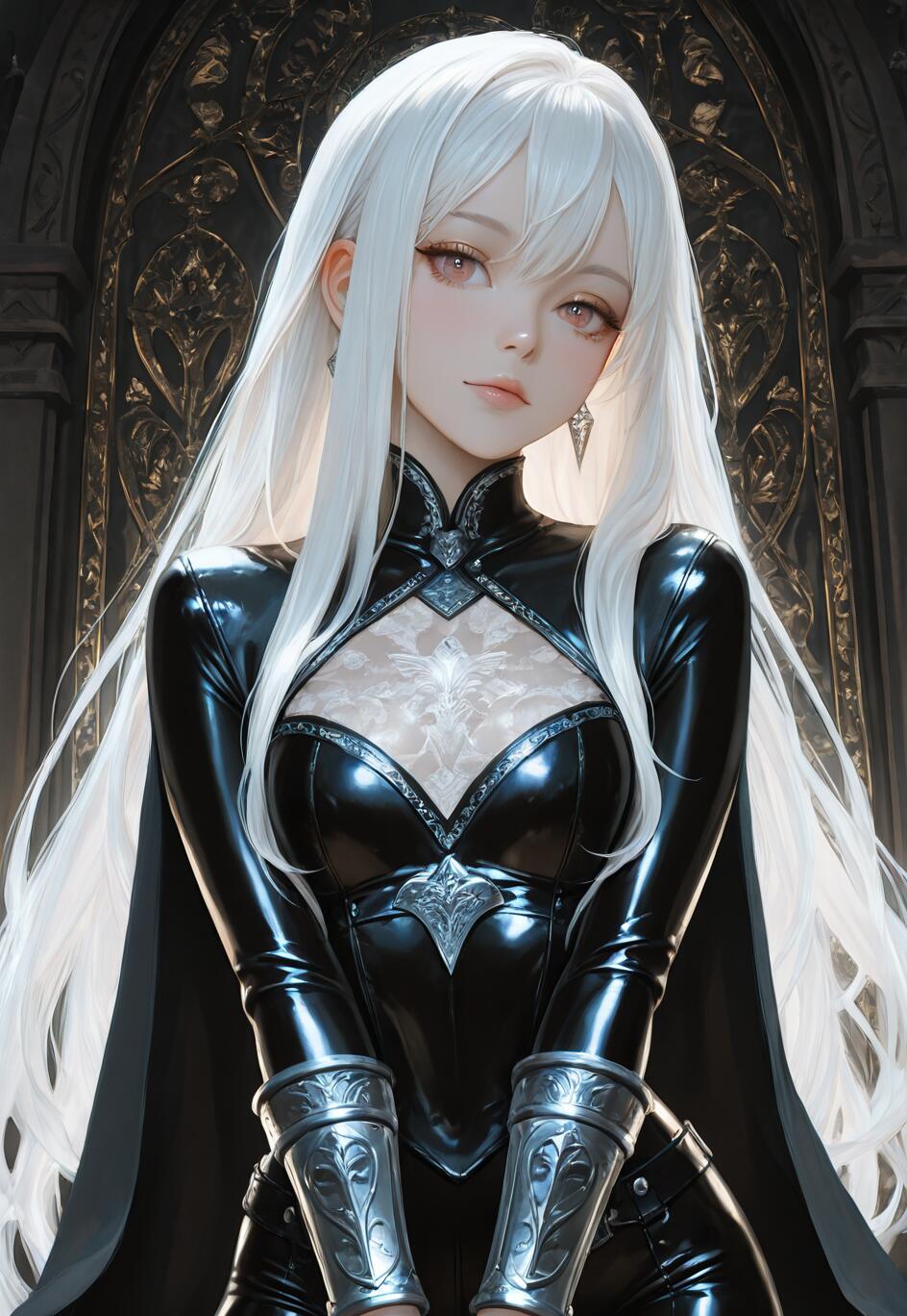 A fantasy illustration of a young woman with long white hair and light eyes, wearing a tight black leather outfit with silver bracers and a cape, standing in front of a dark, ornate archway.