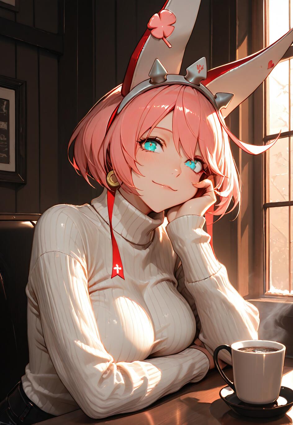 An anime-style illustration of Elphelt Valentine from Guilty Gear. She has short pink hair, blue eyes, and large white rabbit-like ears with a spiked headband. She's wearing a white turtleneck sweater and is sitting at a wooden table in a cafe, smiling softly while resting her chin on her hand. A cup of coffee is on the table next to her.