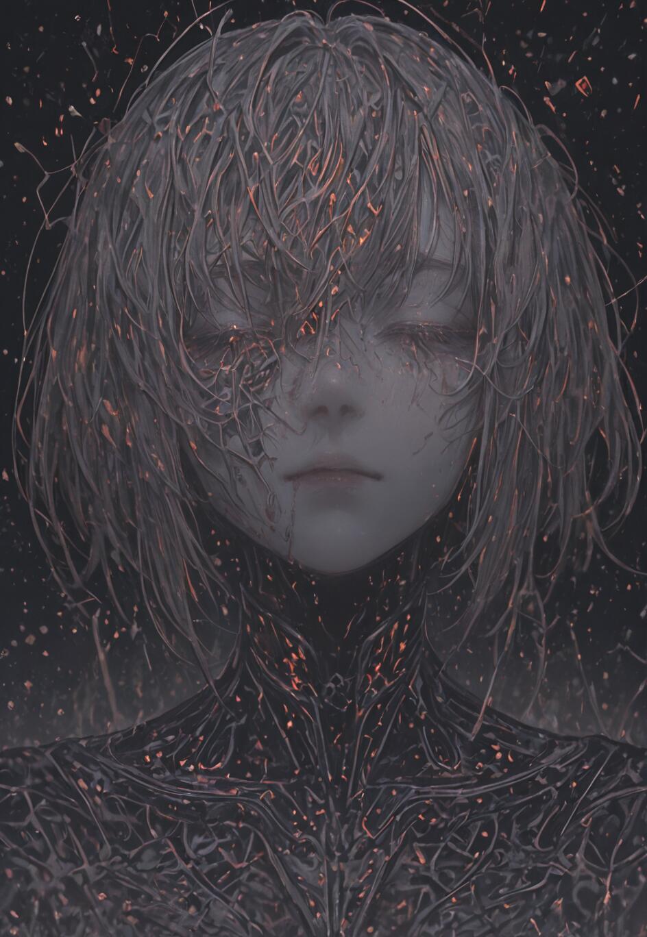 A surreal digital portrait of a woman with closed eyes and pale skin. Her grey hair and body are composed of intricate, dark, wire-like strands, illuminated by glowing orange sparks against a dark, particle-filled background.