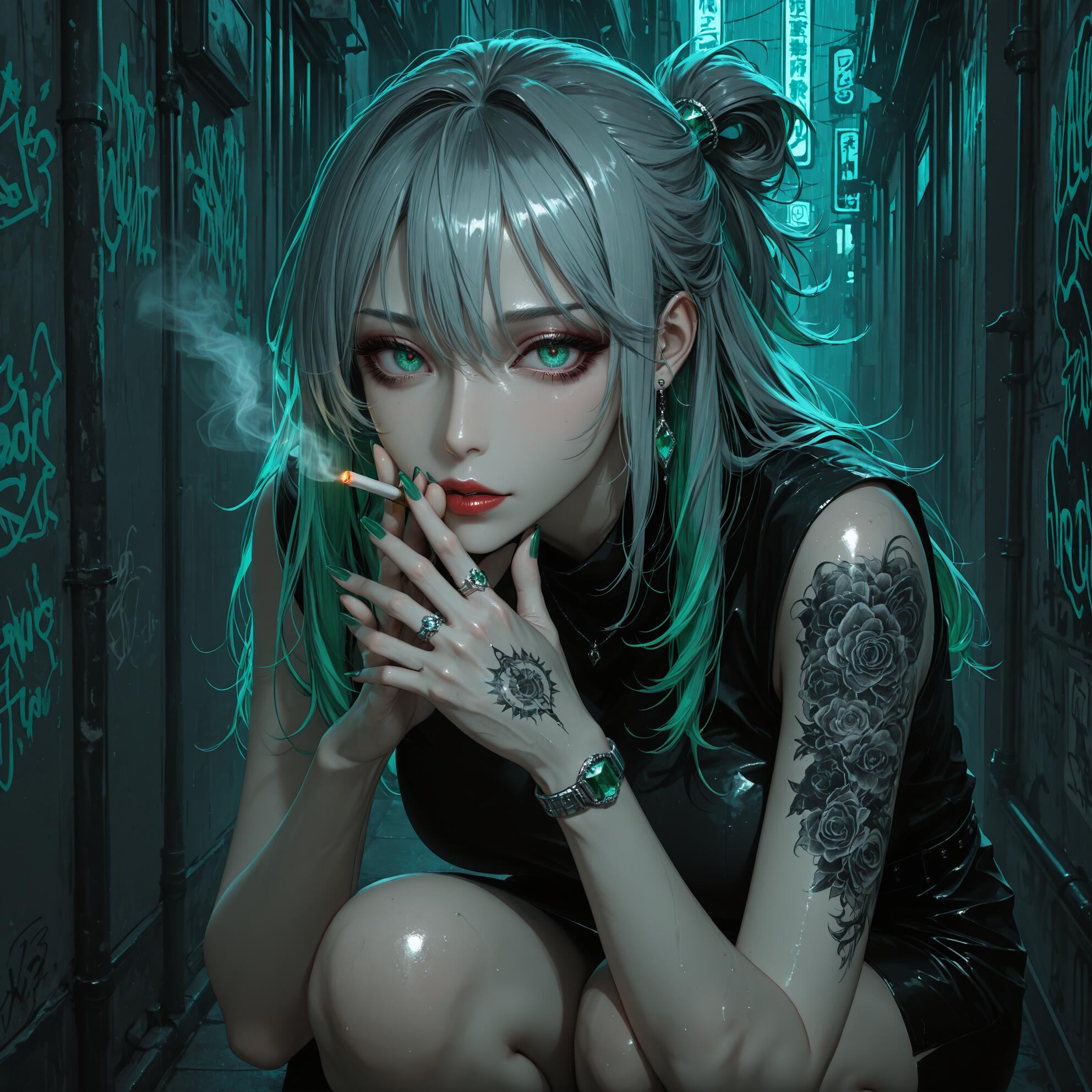 An anime-style illustration of a young woman with gray hair, green highlights, and bright green eyes, crouching in a dark, neon-lit alley while smoking a cigarette and looking directly at the camera. She has a large rose tattoo on her arm.