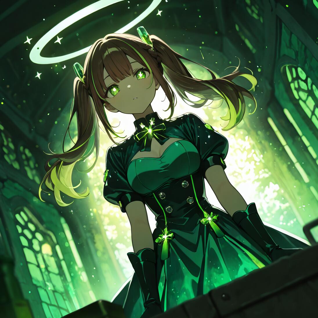 An anime girl with brown and green twintails, glowing green star-shaped eyes, and a white halo, wearing an elegant green and black dress inside a cathedral-like hall filled with ethereal green light.