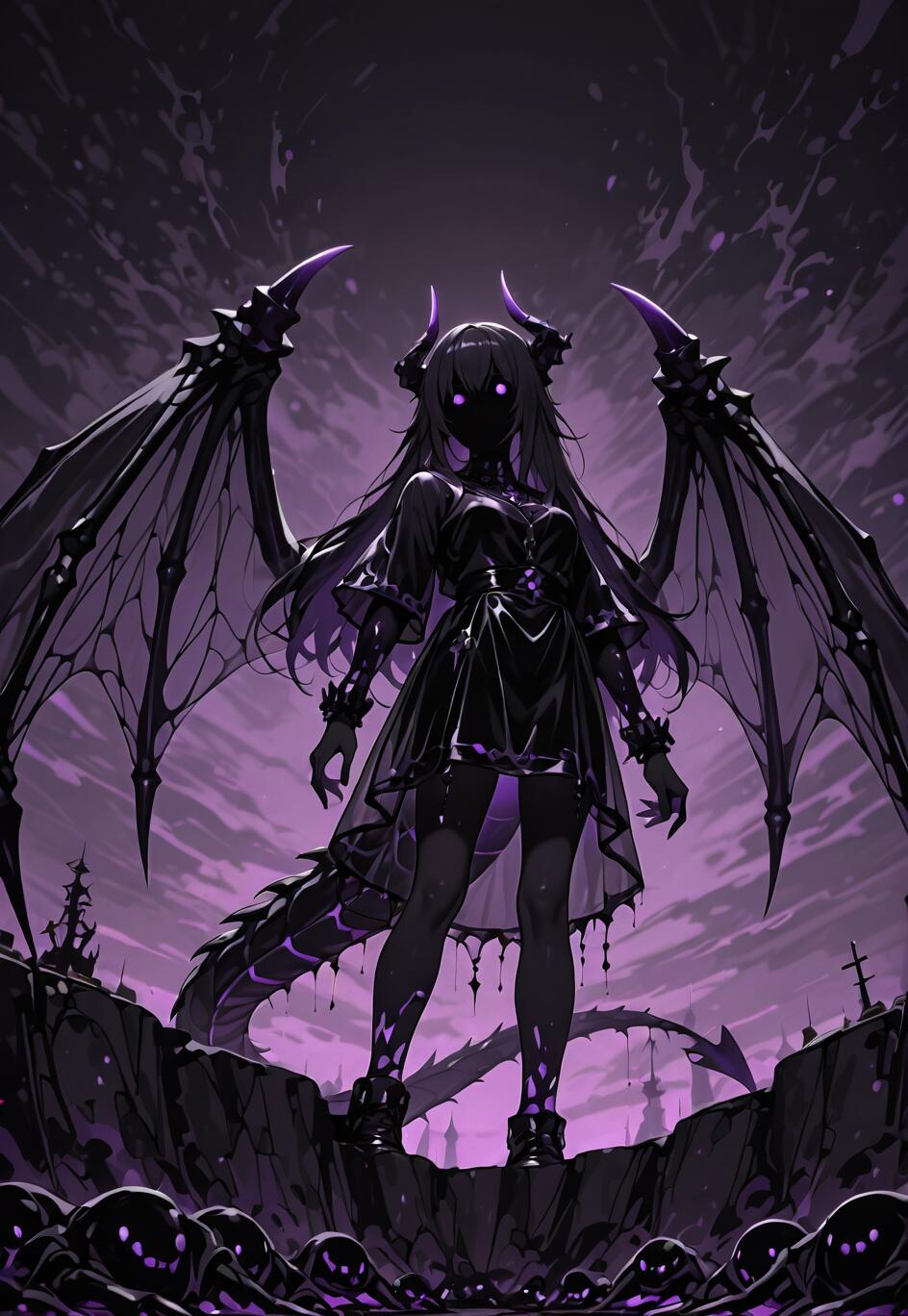 A full-body illustration of a female anime character representing the Ender Dragon from Minecraft. She has large black dragon wings, horns, a tail, and glowing purple eyes. She is standing on a dark cliff under a stormy purple sky, with shadowy creatures at her feet.