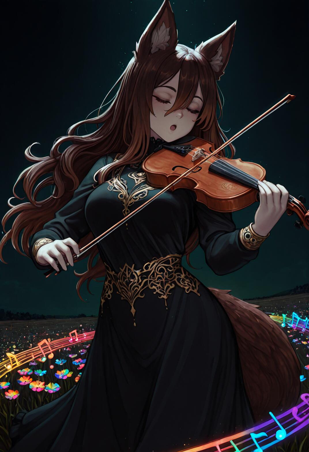 An anime-style fox girl with long brown hair, ears, and a tail, wearing an elegant black and gold dress, plays the violin in a field of colorful flowers at night. A magical, glowing rainbow musical staff swirls around her.