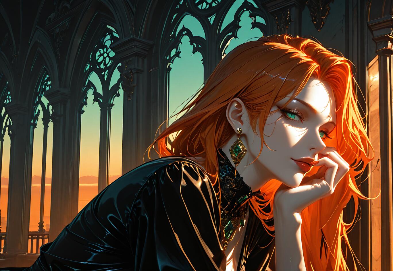 A beautiful anime-style woman with long orange hair and green eyes, wearing a black dress and emerald jewelry, rests her chin on her hand on a gothic castle balcony at sunset.